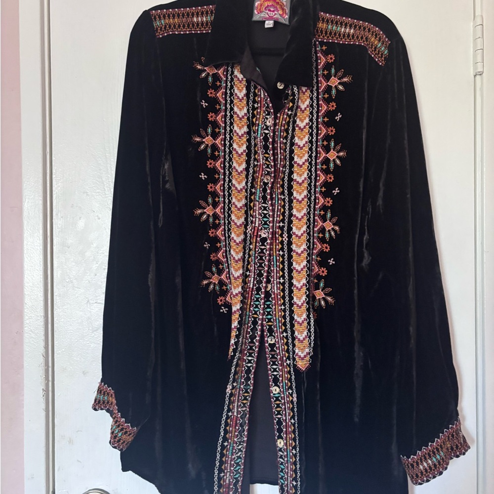 Johnny Was Black Embroidered Button Down Shirt